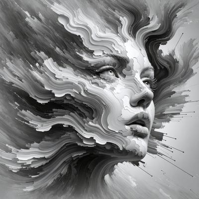 The primary subject of the image is a woman's face, which is the main focus of the image. The setting is a black and white background, giving the image a classic and timeless feel. The visual style is a combination of digital art and illustration, creating a unique and artistic representation of the woman's face. The colors and mood of the image are predominantly black and white, with a touch of gray, giving it a dramatic and sophisticated atmosphere.